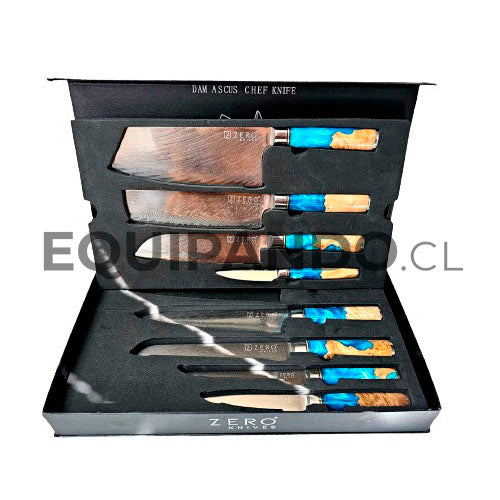 SET DE CUCHILLOS DAMASCUS BLUE RESIN- Zero Knives